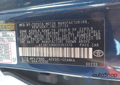 2005 Toyota Camry Le from USA, damaged, VIN 4T1BE32K85U383370